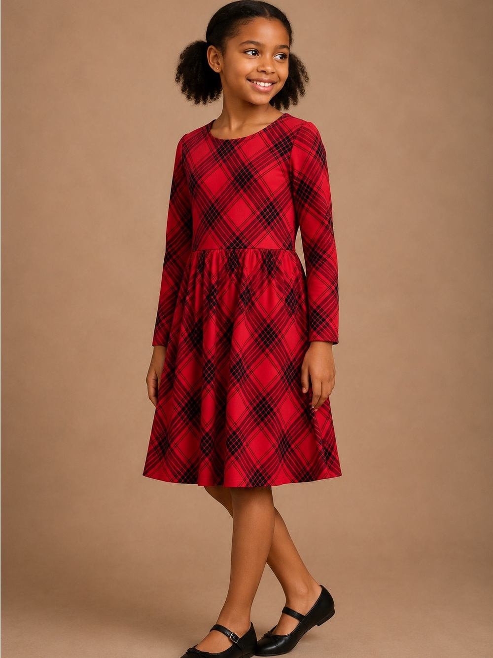 Wonder Nation Girls 7-8 Red Black Plaid Long Sleeve Holiday Dress